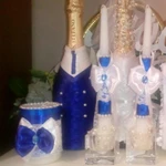Оформление свадебных бутылок жениха и невесты, фужеров, семейного очага