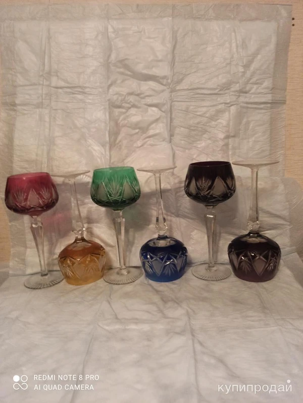 Фото Набор из 6 хрустальных разноцветных бокалов «Радуга» Германия