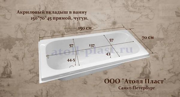 Фото Прямой акриловый вкладыш в чугунную ванну 1.5 глубиной 45 см