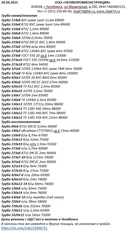Фото Труба из наличия 20.04.25 в Челябинске с НДС