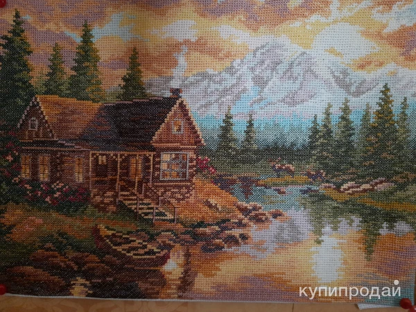 Фото Картина, вышитая крестиком "Домик у реки"