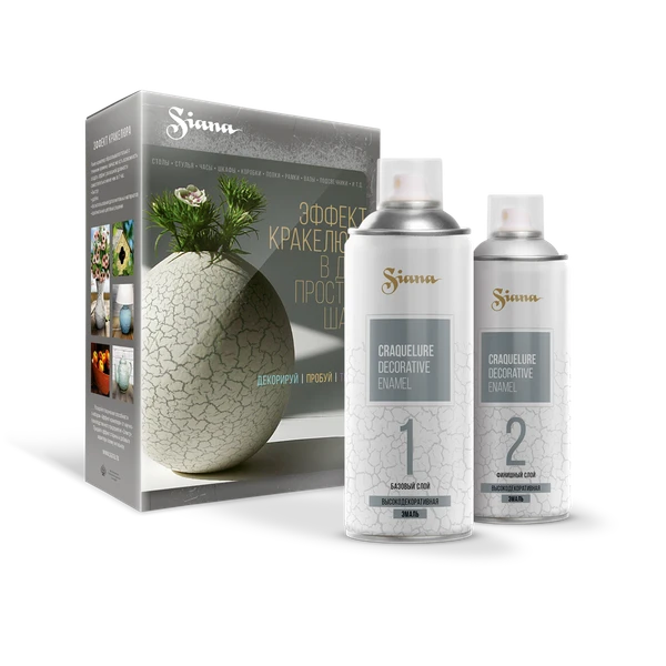Фото Набор для декора Siana с эффектом Craquelure. база Серебро + финиш Белый аэрозоль 0,52 л