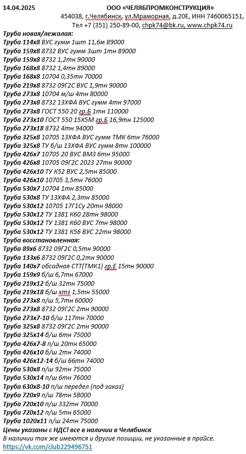 Фото Труба из наличия 14.04.25 в Челябинске с НДС