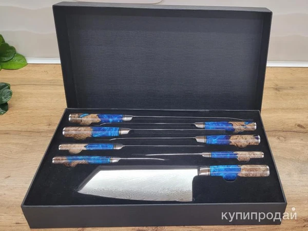 Фото Кухонные ножи дамасской стали, набор из 8 ножей в комплекте с подставкой