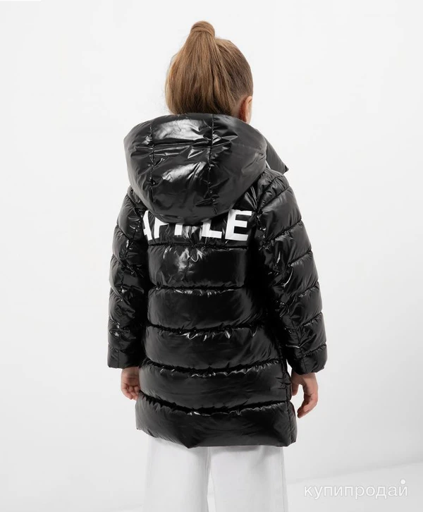 Фото Черное стеганое пальто Gulliver из глянцевой плащёвки. РАЗМЕР 110.